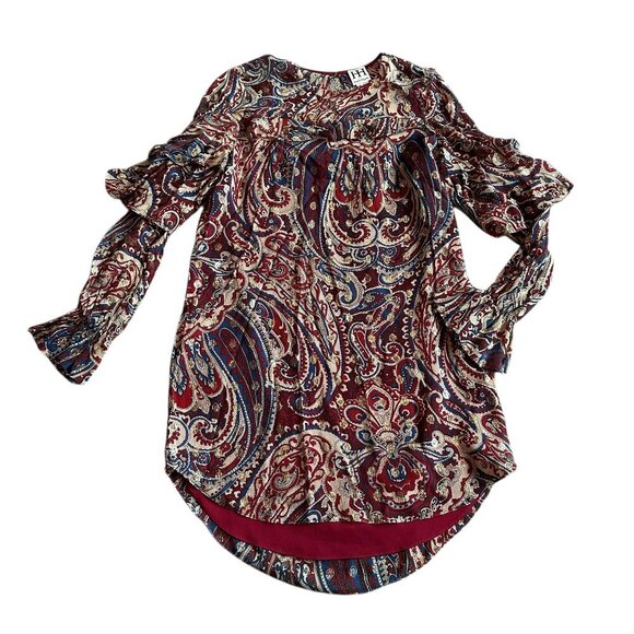 Haute Hippie Silk Long Sleeve Mini Dress Boho Paisley Print Ruffle Size Medium - Picture 1 of 12
